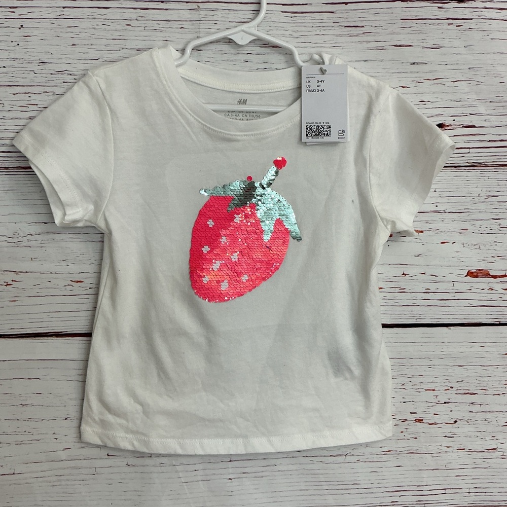 NWT H&M Girls Sequin Strawberry Tee White Size 4T NWT